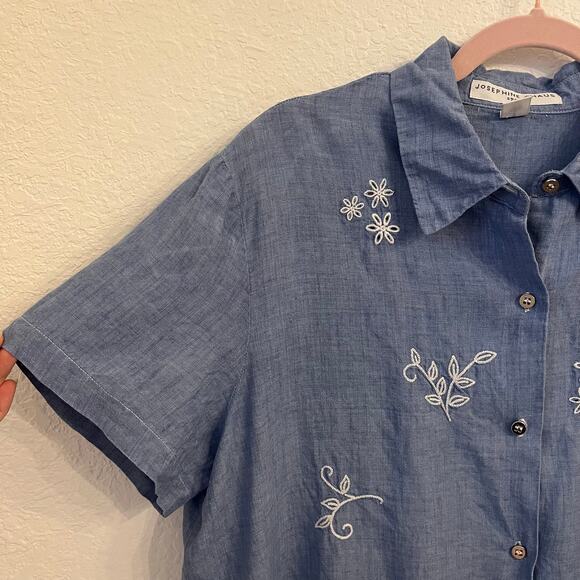 VTG Josephine Chaus 100% Linen Embroidery Button Up Shirt L Blue Coastal Grandma - Picture 2 of 13